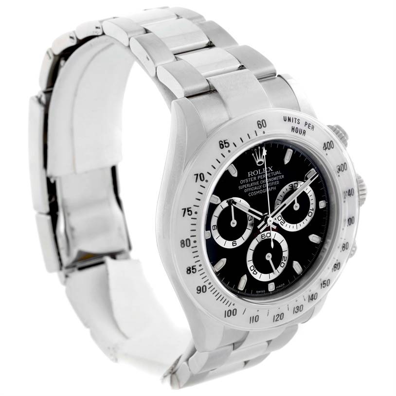 The image shows a Rolex Daytona 116520 Men's Stainless Steel Black Dial 116520 Men's Stainless Steel Black Dial watch from a side angle, highlighting its bracelet, case, and dial.