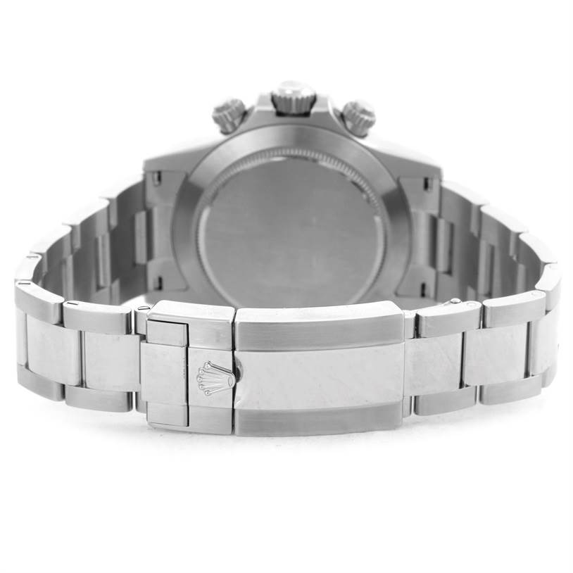 This image shows the back view of a Rolex Daytona 116520 Men's Stainless Steel Black Dial 116520 Men's Stainless Steel Black Dial watch, highlighting the bracelet and clasp.