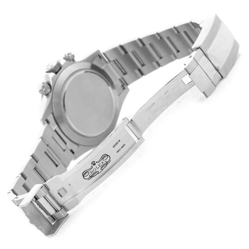 This image shows the back view and opened clasp of the Rolex Daytona 116520 Men's Stainless Steel Black Dial 116520 Men's Stainless Steel Black Dial watch.