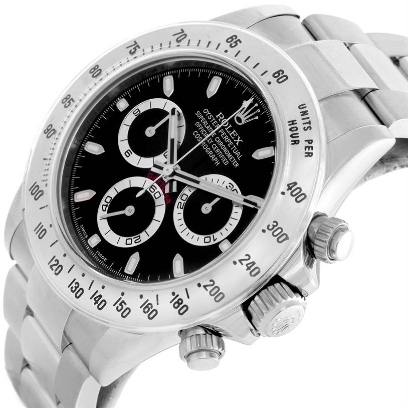 The image shows a close-up angled view of the Rolex Daytona 116520 Men's Stainless Steel Black Dial 116520 Men's Stainless Steel Black Dial watch, focusing on the face, bezel, and crown.