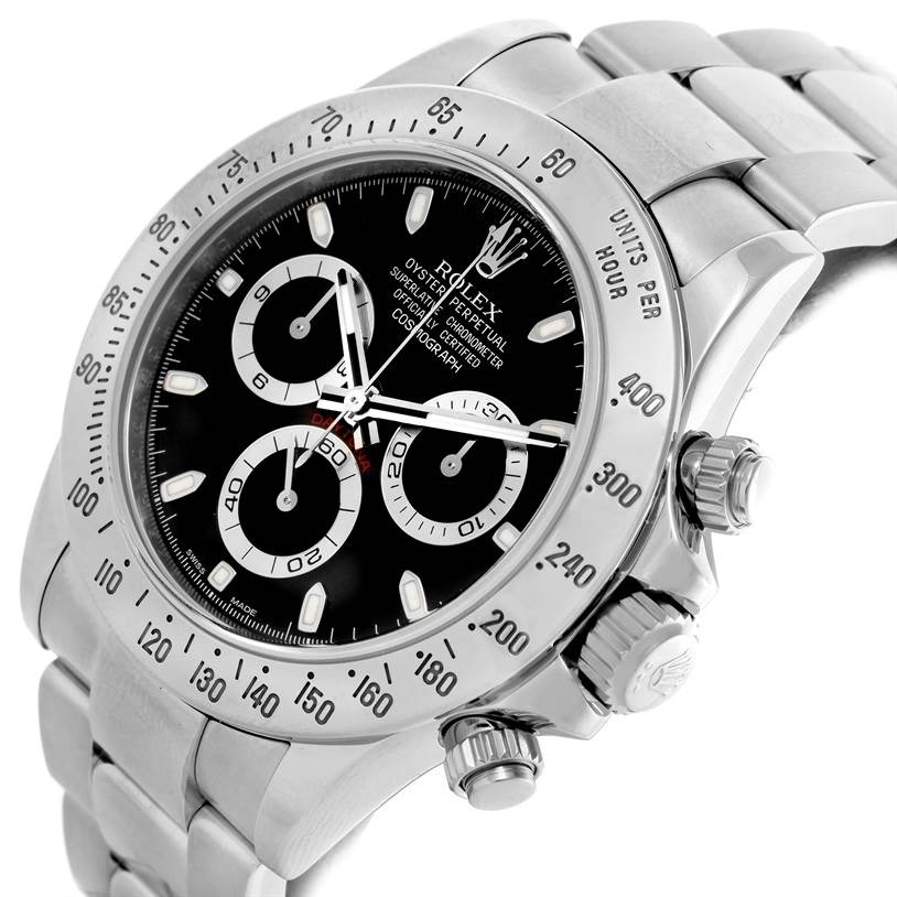 The image shows a close-up angled view of the Rolex Daytona 116520 Men's Stainless Steel Black Dial 116520 Men's Stainless Steel Black Dial watch, highlighting the dial, bezel, subdials, and crown.