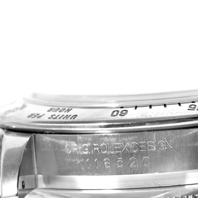 This image shows a close-up side view of a Rolex Daytona 116520 Men's Stainless Steel Black Dial 116520 Men's Stainless Steel Black Dial watch, highlighting the bezel and engraved case details.