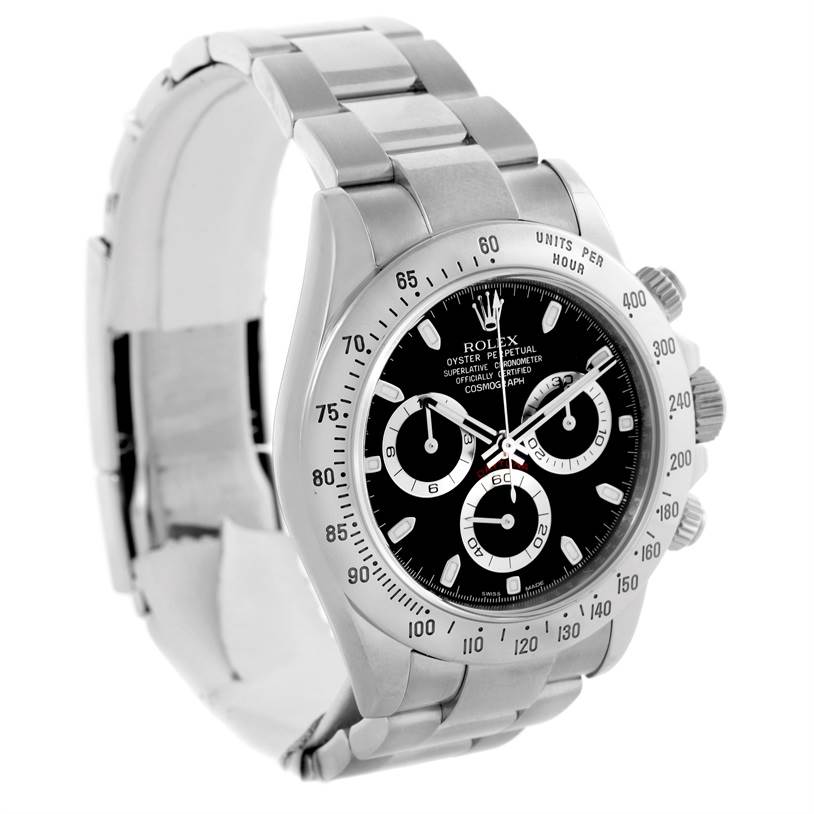 The image shows a Rolex Daytona 116520 Men's Stainless Steel Black Dial 116520 Men's Stainless Steel Black Dial watch at a three-quarter angle, highlighting its stainless steel case, black dial, and bracelet.