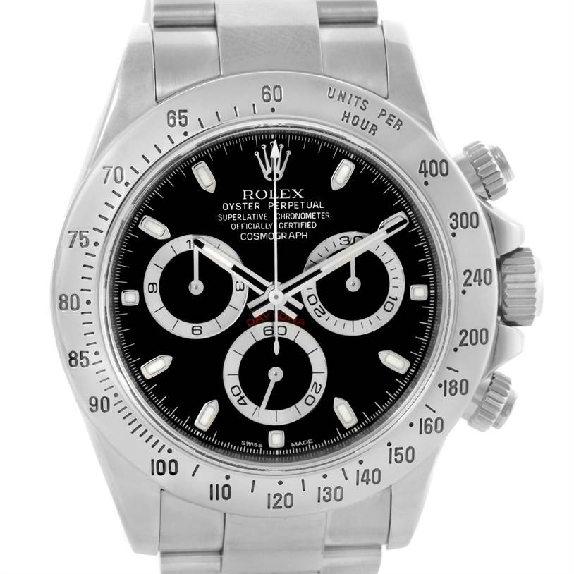 The image displays a front view of a Rolex Daytona 116520 Men's Stainless Steel Black Dial 116520 Men's Stainless Steel Black Dial watch, highlighting its black dial, chronograph sub-dials, and stainless steel case.