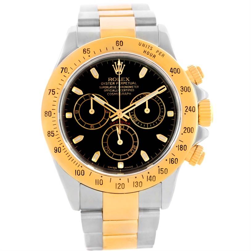 The image displays a front view of a Rolex Daytona 116523 Men's Steel and Gold (two tone) Black Dial 116523 Men's Steel and Gold (two tone) Black Dial watch, showing the dial, bezel, crown, and chronograph sub-dials.