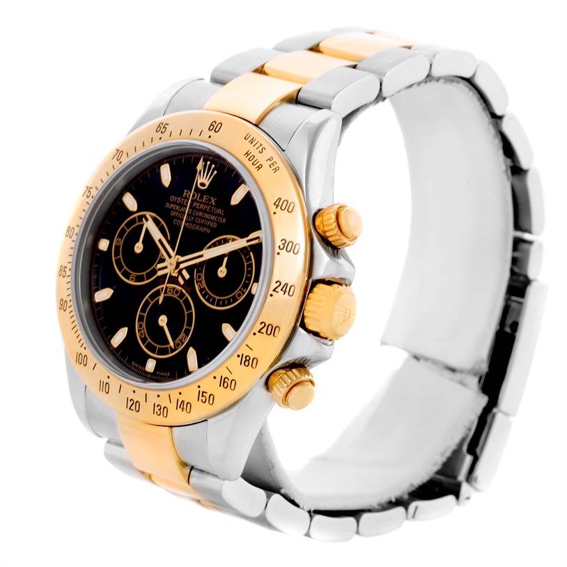 The Rolex Daytona 116523 Men's Steel and Gold (two tone) Black Dial 116523 Men's Steel and Gold (two tone) Black Dial watch is shown at a three-quarter angle displaying the face, bezel, pushers, and bracelet.