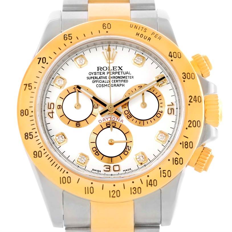 The image shows a front view of the Rolex Daytona 116523 Men's White Dial 116523 Men's White Dial watch, highlighting its gold bezel, chronograph subdials, and two-tone bracelet.