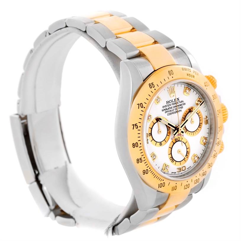 The image shows a side-angle view of a Rolex Daytona 116523 Men's White Dial 116523 Men's White Dial watch highlighting its two-tone band and detailed face.