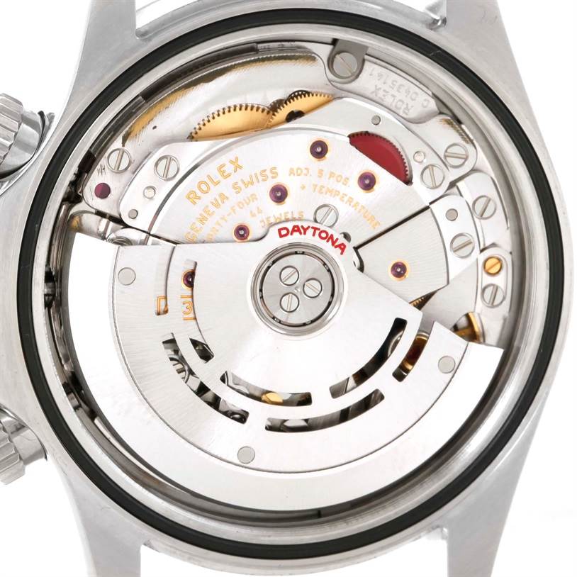 The image shows the movement of the Rolex Daytona 116520 Men's Stainless Steel White Dial 116520 Men's Stainless Steel White Dial watch from the back, revealing the intricate internal mechanisms.