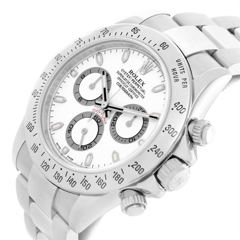 The image shows a close-up of the Rolex Daytona 116520 Men's Stainless Steel White Dial 116520 Men's Stainless Steel White Dial watch at an angle, highlighting the dial, bezel, and crown.