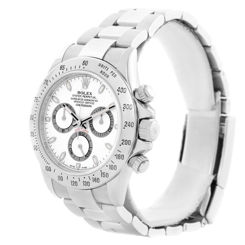 The image shows a Rolex Daytona 116520 Men's Stainless Steel White Dial 116520 Men's Stainless Steel White Dial watch at a three-quarter angle, highlighting its face, bezel, pushers, and bracelet.