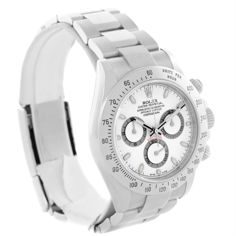 This image shows a Rolex Daytona 116520 Men's Stainless Steel White Dial 116520 Men's Stainless Steel White Dial watch from a three-quarter angle, displaying its face, bracelet, and bezel.