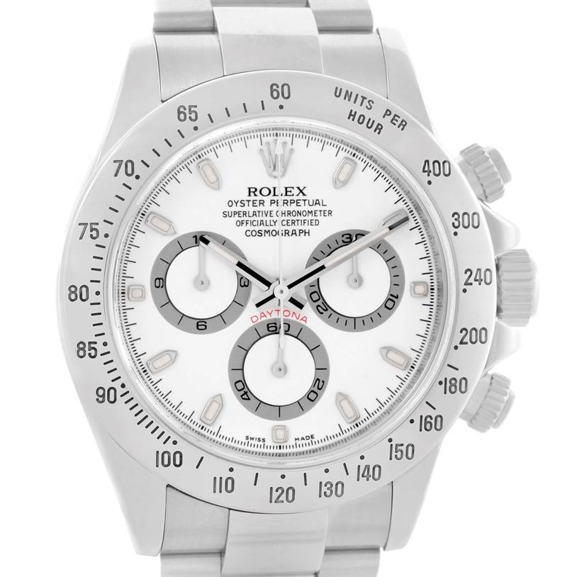 The image shows a front view of a Rolex Daytona 116520 Men's Stainless Steel White Dial 116520 Men's Stainless Steel White Dial watch, highlighting its dial, bezel, and bracelet.