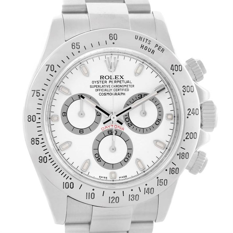 The image shows a front view of a Rolex Daytona watch, highlighting its dial, bezel, and bracelet.