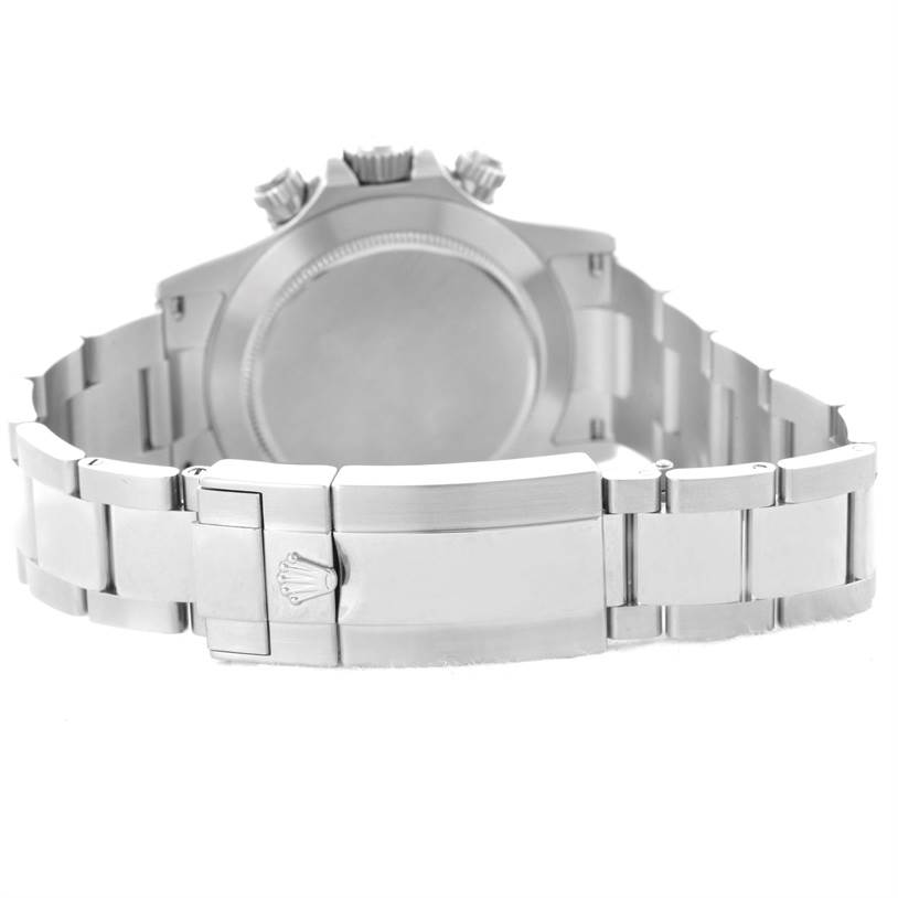 The image shows the back and bracelet of a Rolex Daytona 116520 Men's Stainless Steel White Dial 116520 Men's Stainless Steel White Dial watch.