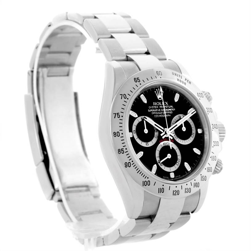 This Rolex Daytona 116520 Men's Stainless Steel Black Dial 116520 Men's Stainless Steel Black Dial watch is shown at an angle highlighting the dial, bezel, crown, and bracelet with an open clasp.
