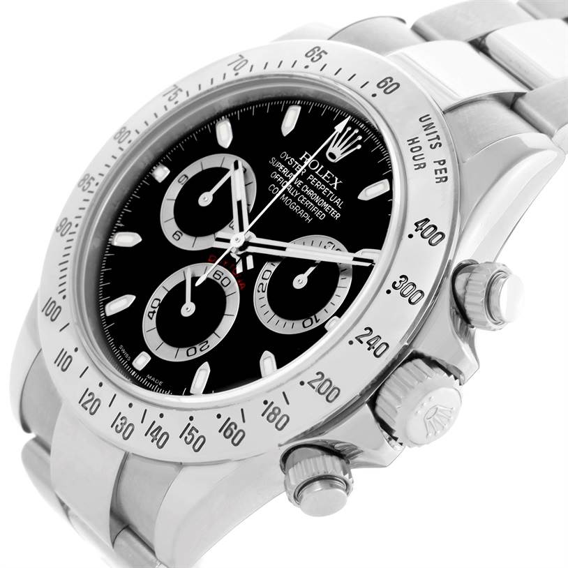 The image shows a detailed angled view of the Rolex Daytona 116520 Men's Stainless Steel Black Dial 116520 Men's Stainless Steel Black Dial watch, highlighting its bezel, dial, and chronograph pushers.