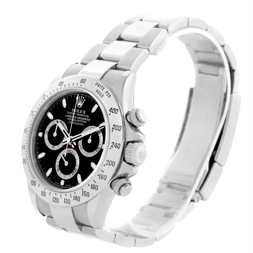 The image shows a side view of the Rolex Daytona 116520 Men's Stainless Steel Black Dial 116520 Men's Stainless Steel Black Dial watch, displaying its face, bezel, pushers, and bracelet.