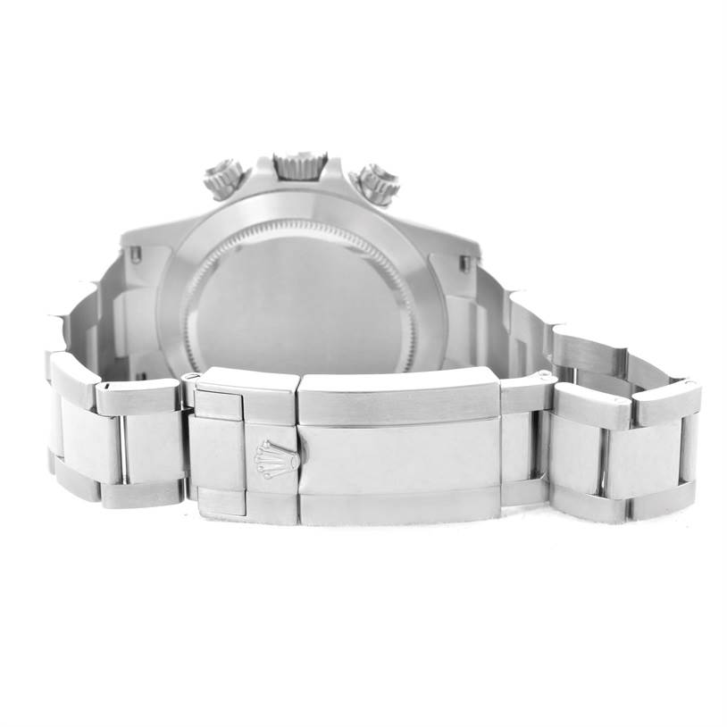 The image shows the back view of a Rolex Daytona 116520 Men's Stainless Steel Black Dial 116520 Men's Stainless Steel Black Dial watch, highlighting its case back, bracelet, and clasp with the Rolex logo.