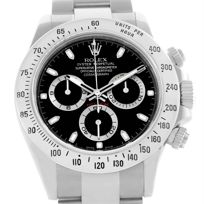 The image shows a front view of the Rolex Daytona 116520 Men's Stainless Steel Black Dial 116520 Men's Stainless Steel Black Dial watch, highlighting its black dial, three sub-dials, and silver bracelet.