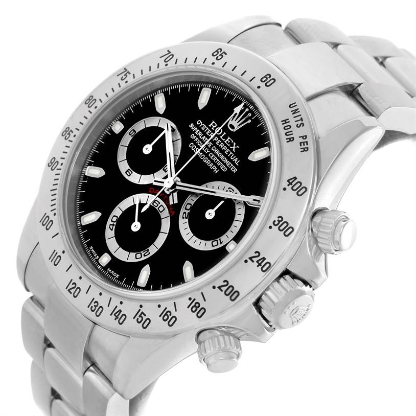 This image shows a Rolex Daytona 116520 Men's Stainless Steel Black Dial 116520 Men's Stainless Steel Black Dial watch at a three-quarter angle, highlighting the dial, bezel, case, and bracelet.