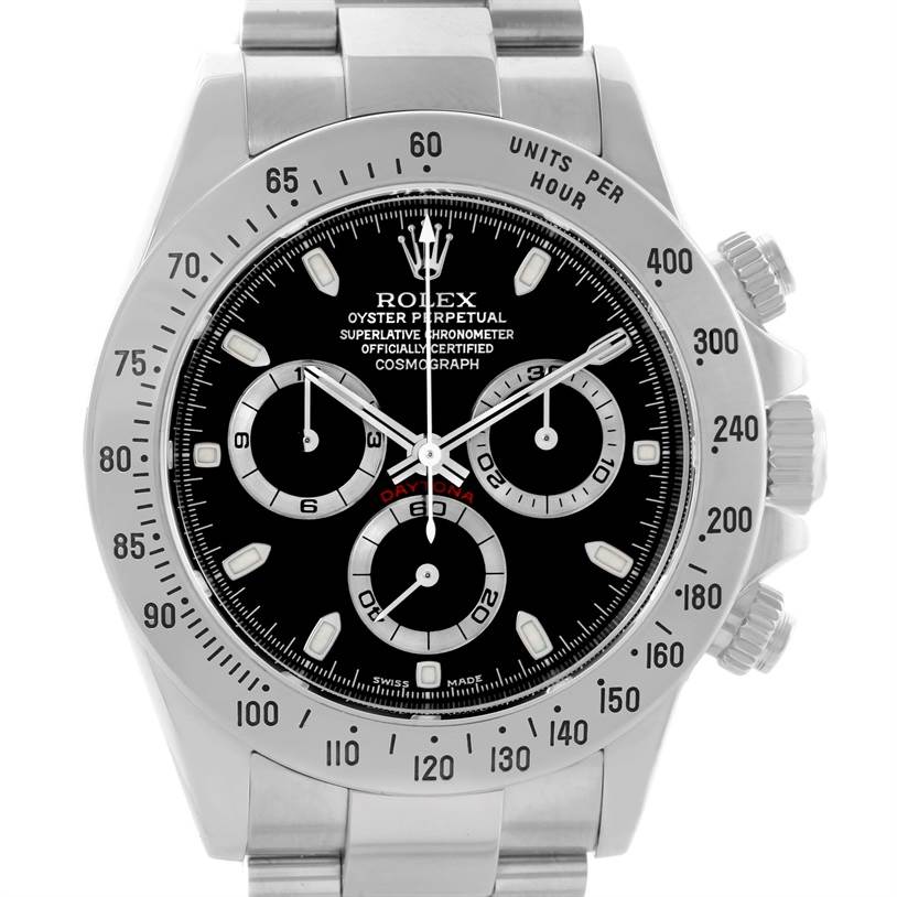 This image shows a frontal view of the Rolex Daytona 116520 Men's Stainless Steel Black Dial 116520 Men's Stainless Steel Black Dial watch, highlighting the dial, bezel, and chronograph subdials.