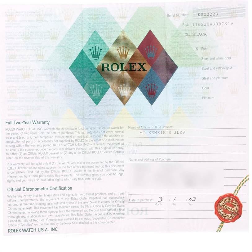 This image shows the warranty and certification paperwork for a Rolex Daytona 116520 Men's Stainless Steel Black Dial 116520 Men's Stainless Steel Black Dial watch.