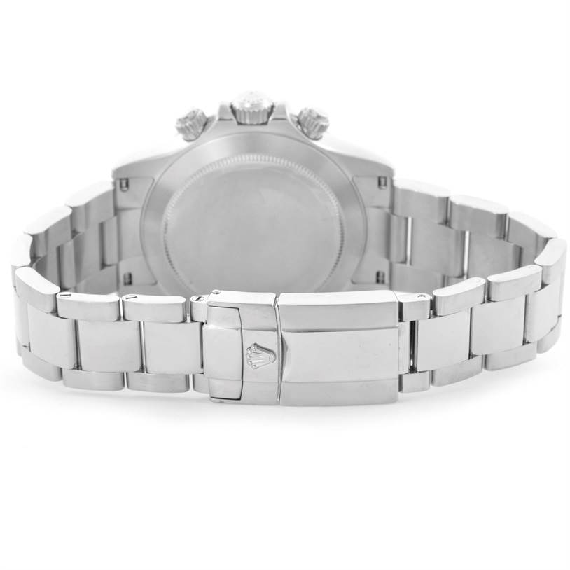 The image shows the back view of a Rolex Daytona 116520 Men's Stainless Steel Black Dial 116520 Men's Stainless Steel Black Dial watch, highlighting its bracelet and clasp.