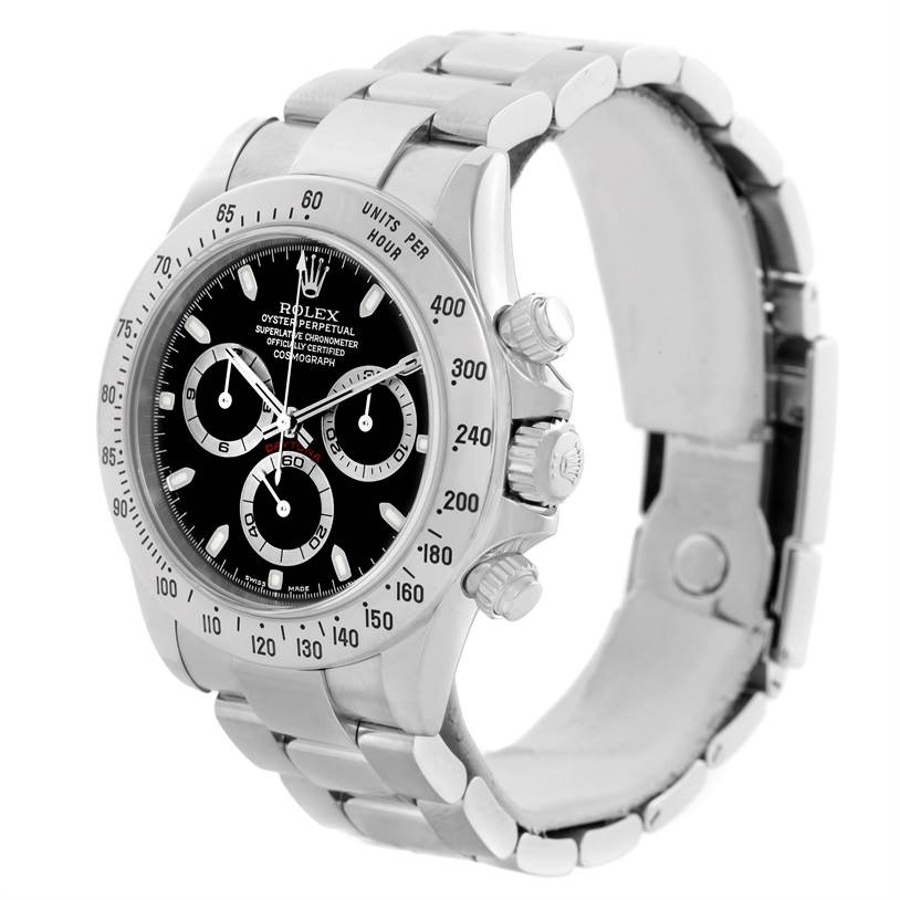 The Rolex Daytona 116520 Men's Stainless Steel Black Dial 116520 Men's Stainless Steel Black Dial watch is shown at a 3/4 angle, featuring the face, bezel, pushers, and part of the bracelet.