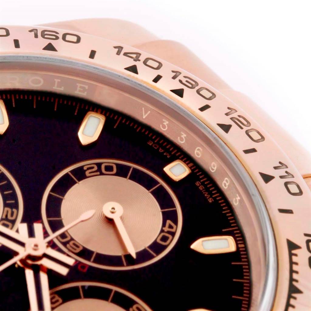 This close-up image shows the bezel, sub-dials, and part of the face of a Rolex Daytona 116505 Men's Rose Gold Black Dial 116505 Men's Rose Gold Black Dial watch.