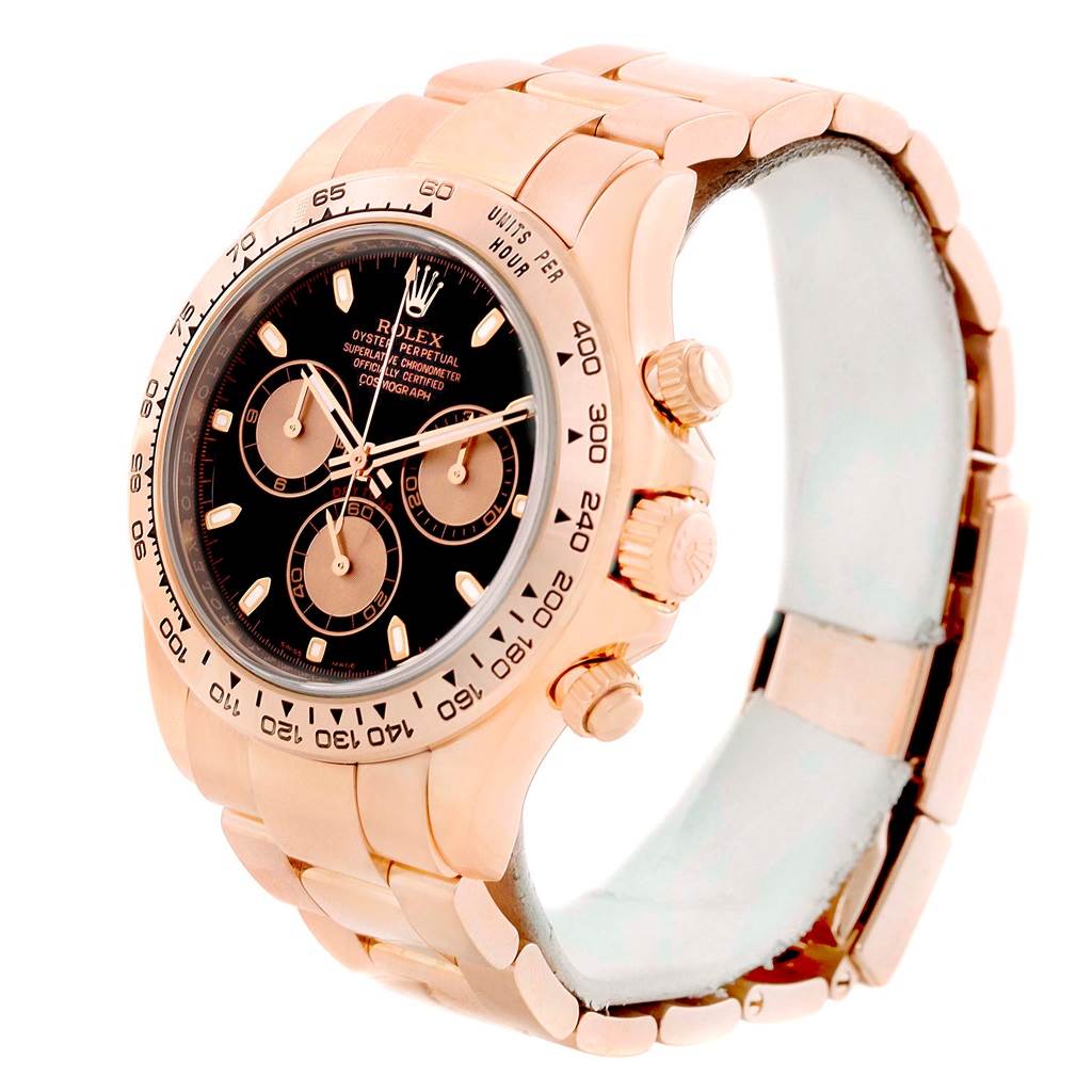 The image shows a Rolex Daytona 116505 Men's Rose Gold Black Dial 116505 Men's Rose Gold Black Dial watch from an angled front view, highlighting the dial, bezel, crown, and bracelet.