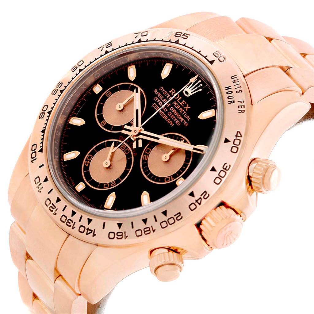 The image shows a close-up angle of the Rolex Daytona 116505 Men's Rose Gold Black Dial 116505 Men's Rose Gold Black Dial, highlighting the dial, bezel, and part of the bracelet.