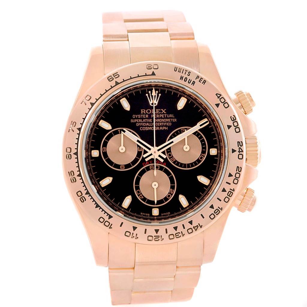 The image shows a frontal view of a Rolex Daytona 116505 Men's Rose Gold Black Dial 116505 Men's Rose Gold Black Dial watch, highlighting the dial, bezel, pushers, and part of the bracelet.