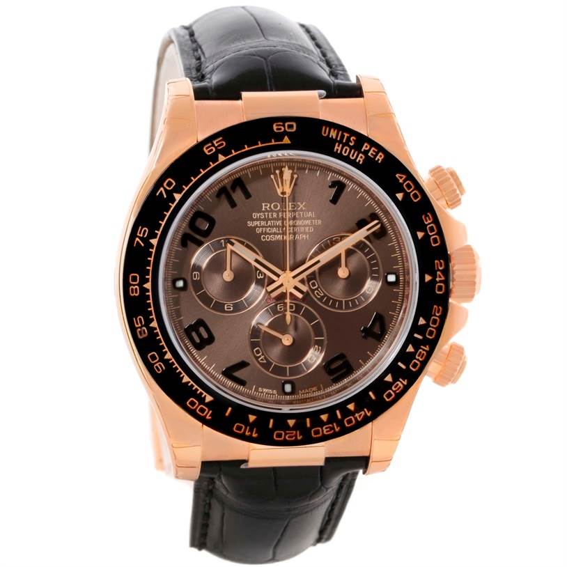 This image shows a front view of a Rolex Daytona 116515LN Men's Rose Gold Brown Dial 116515LN Men's Rose Gold Brown Dial watch, featuring its dial, bezel, pushers, and black leather strap.