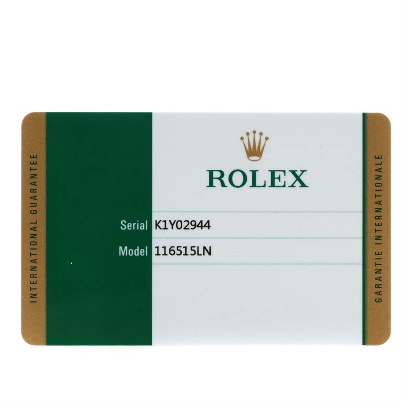 This image shows the international guarantee card for a Rolex Daytona 116515LN Men's Rose Gold Brown Dial 116515LN Men's Rose Gold Brown Dial model 116515LN watch.
