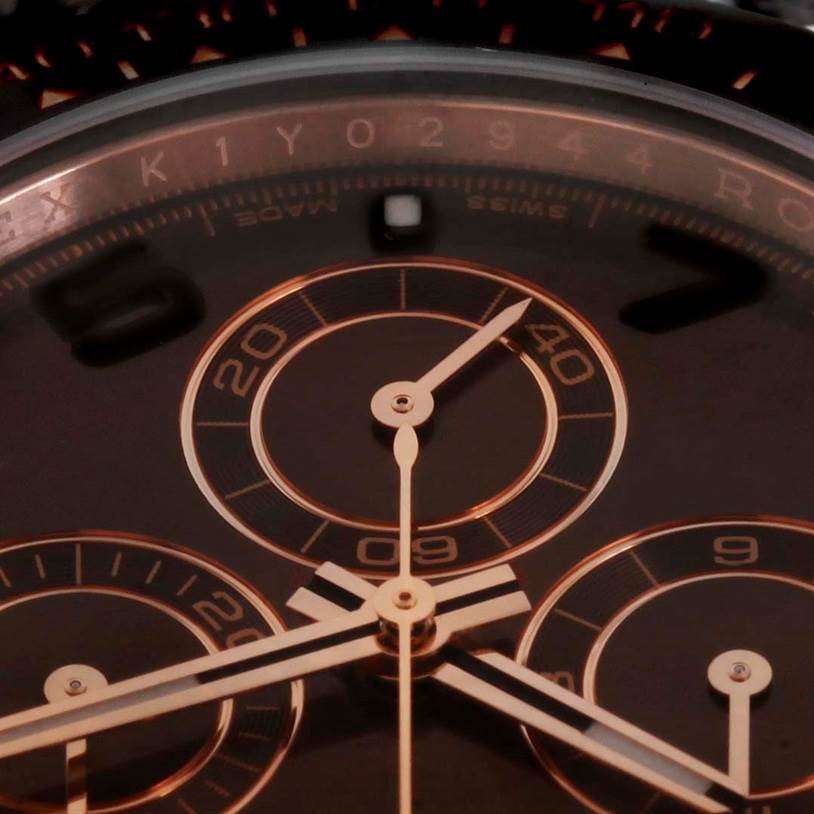 This close-up image of a Rolex Daytona 116515LN Men's Rose Gold Brown Dial 116515LN Men's Rose Gold Brown Dial watch shows the dial with sub-dials and hands, focusing on the chronograph features.