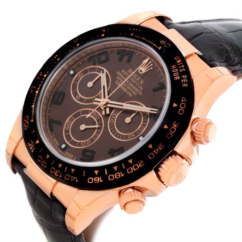 The image shows a close-up angle of the Rolex Daytona 116515LN Men's Rose Gold Brown Dial 116515LN Men's Rose Gold Brown Dial watch, highlighting its dial, bezel, and crown.