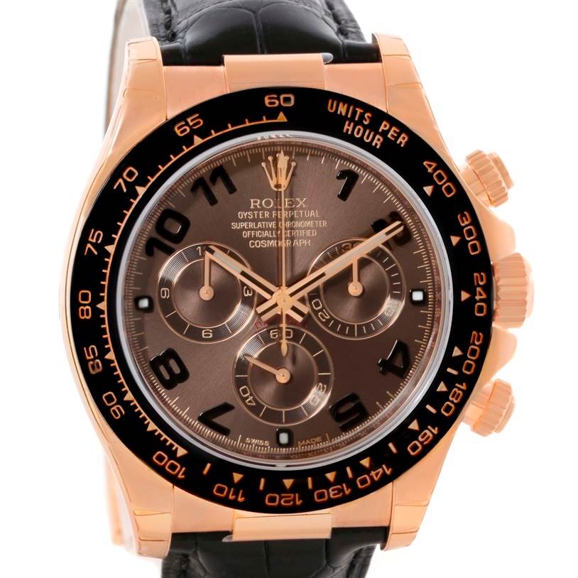 The image shows a front view of a Rolex Daytona 116515LN Men's Rose Gold Brown Dial 116515LN Men's Rose Gold Brown Dial watch, highlighting the dial, bezel, and chronograph pushers.