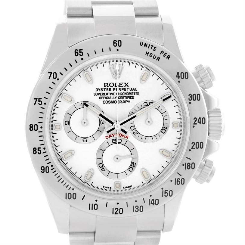 This image shows a front view of the Rolex Daytona 116520 Men's Stainless Steel White Dial 116520 Men's Stainless Steel White Dial watch, displaying the dial, bezel, and chronograph subdials.