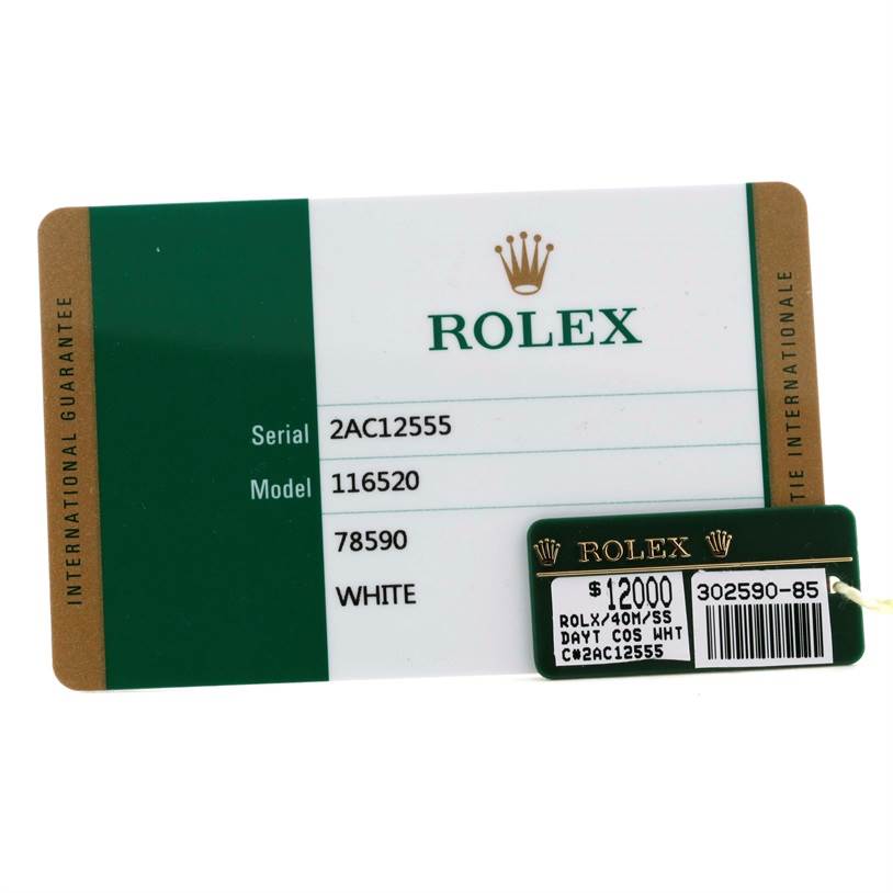 The image shows the serial and model tag for a Rolex Daytona 116520 Men's Stainless Steel White Dial 116520 Men's Stainless Steel White Dial watch, featuring model number 116520.