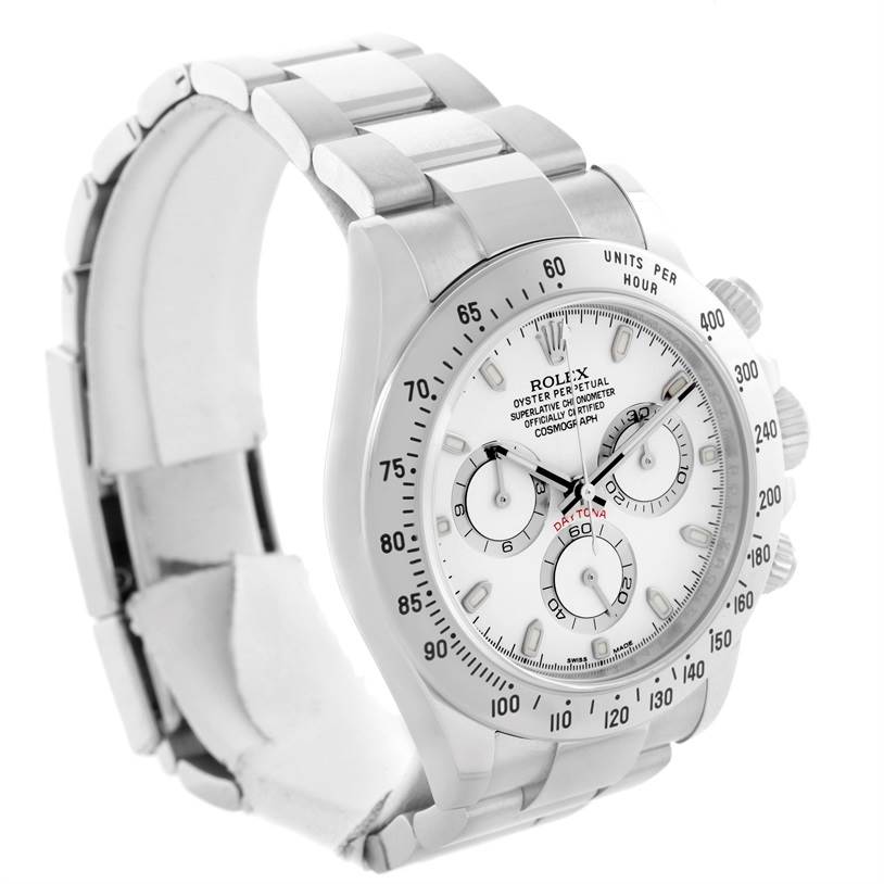 This image shows a Rolex Daytona 116520 Men's Stainless Steel White Dial 116520 Men's Stainless Steel White Dial watch viewed from an angled perspective, highlighting its dial, bezel, and bracelet.