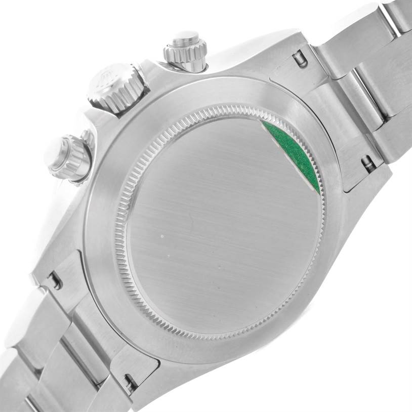 This image shows the backside and the clasp of a Rolex Daytona 116520 Men's Stainless Steel White Dial 116520 Men's Stainless Steel White Dial watch, highlighting the case back and part of the bracelet.