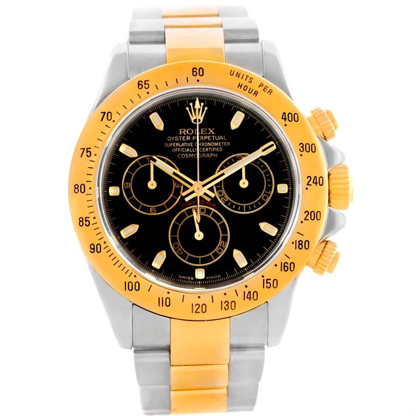 This image shows a Rolex Daytona 16523 Men's Steel and Gold (two tone) Black Dial 16523 Men's Steel and Gold (two tone) Black Dial watch from a straight-on angle, highlighting its face, bezel, and bracelet.
