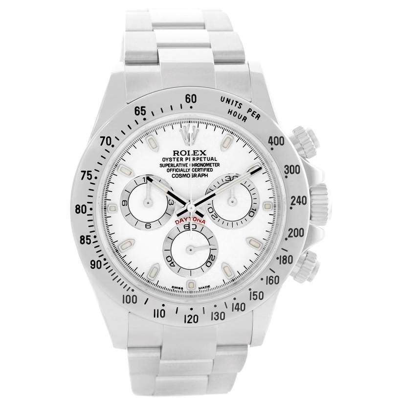 The image shows a frontal view of the Rolex Daytona 116520 Men's Stainless Steel White Dial 116520 Men's Stainless Steel White Dial watch, highlighting its face, bezel, and bracelet.