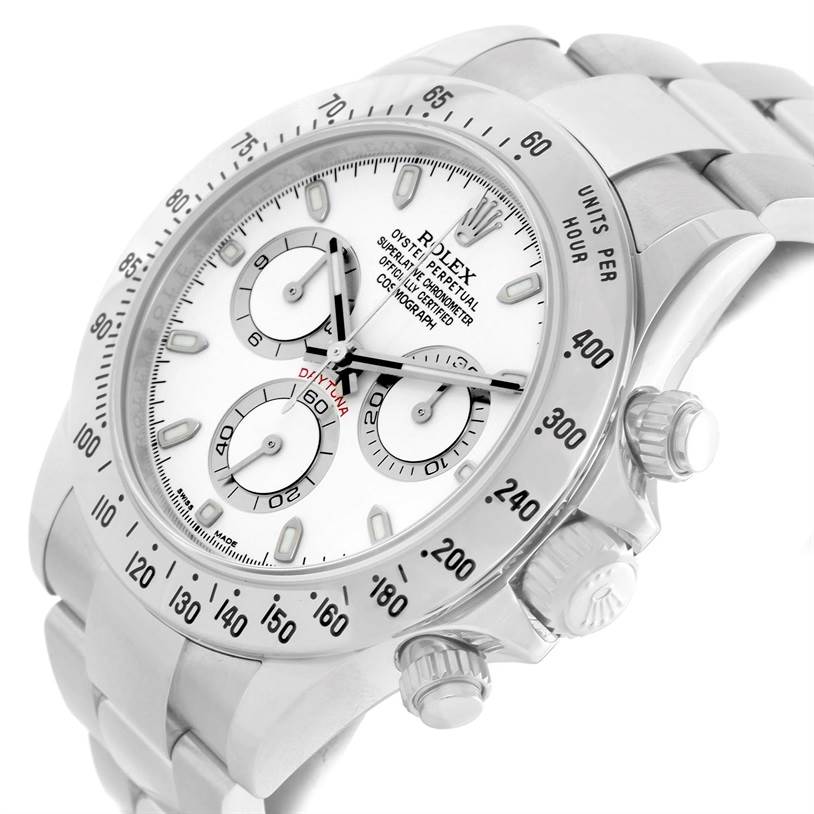 The Rolex Daytona 116520 Men's Stainless Steel White Dial 116520 Men's Stainless Steel White Dial watch is shown at an angled close-up, highlighting the bezel, dial, chronograph subdials, and crown.