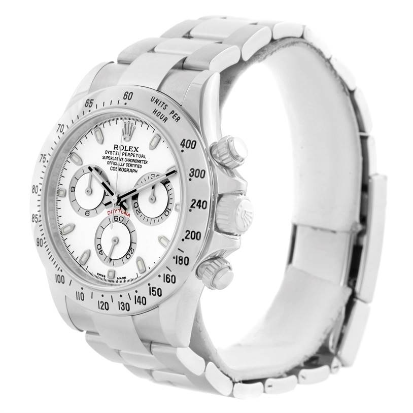 The image shows a Rolex Daytona 116520 Men's Stainless Steel White Dial 116520 Men's Stainless Steel White Dial watch at a slight three-quarter angle, displaying the face, bezel, and part of the bracelet.