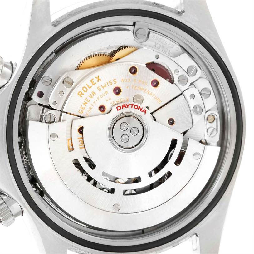 The image shows the back view of the Rolex Daytona 116520 Men's Stainless Steel White Dial 116520 Men's Stainless Steel White Dial watch, highlighting its internal mechanical movement.