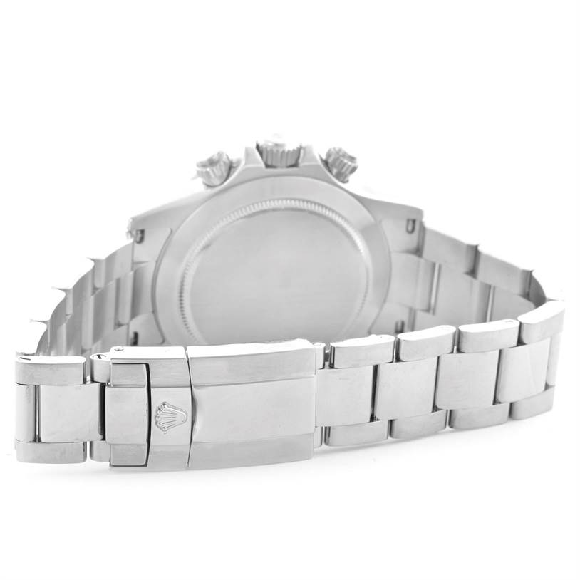 The image shows the back case and bracelet clasp of a Rolex Daytona 116520 Men's Stainless Steel White Dial 116520 Men's Stainless Steel White Dial model watch.