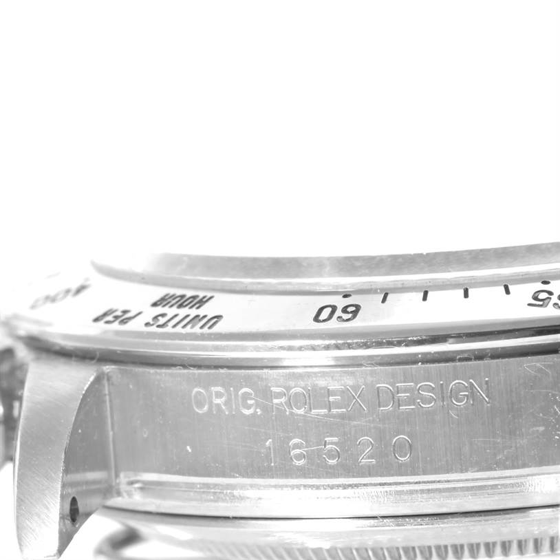 This image shows a close-up angle of the bezel and case of the Rolex Daytona 16520 Men's Stainless Steel Black Dial 16520 Men's Stainless Steel Black Dial watch, featuring the model number 16520.