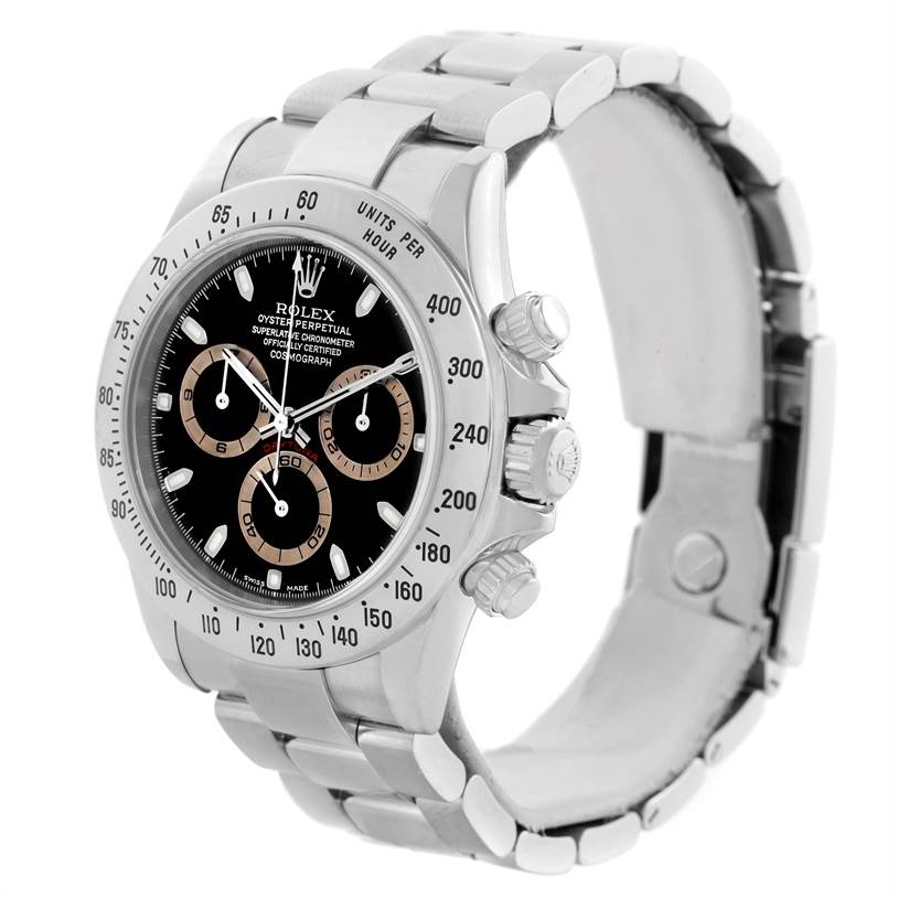 The Rolex Daytona 16520 Men's Stainless Steel Black Dial 16520 Men's Stainless Steel Black Dial model is shown from an angled side view, highlighting the face, bezel, crown, and bracelet.